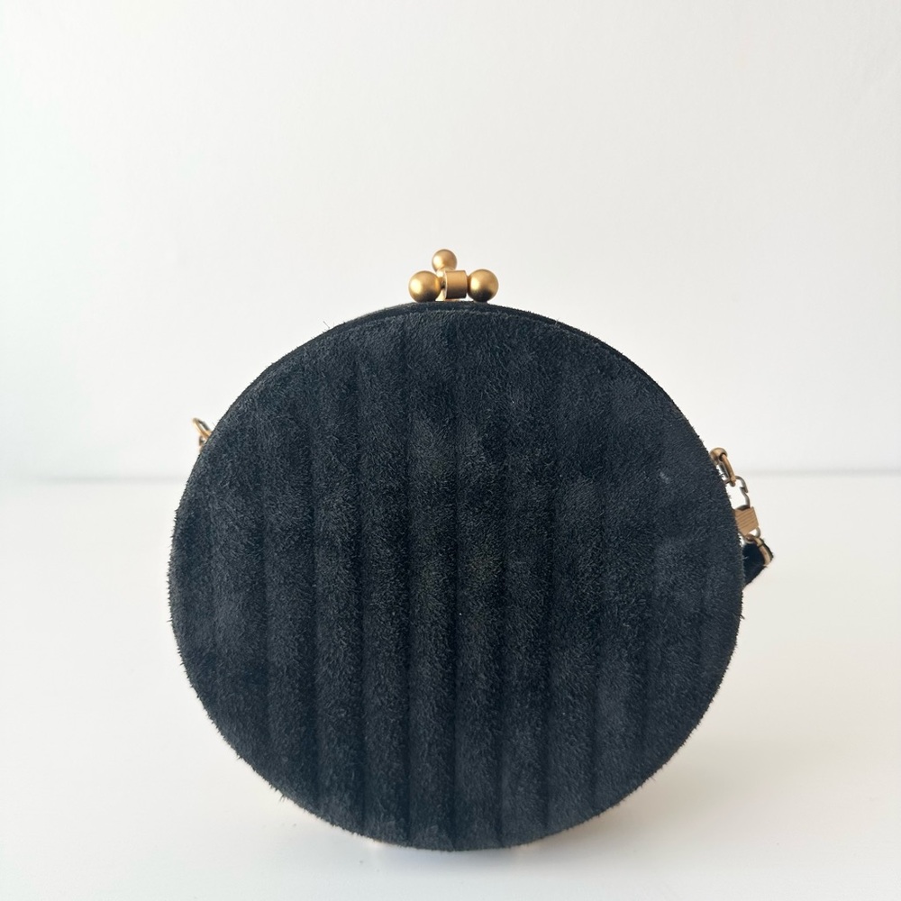 VINTAGE Timmy Woods Beverly Hills Black Suede Round Circle Canteen Crossbody Bag